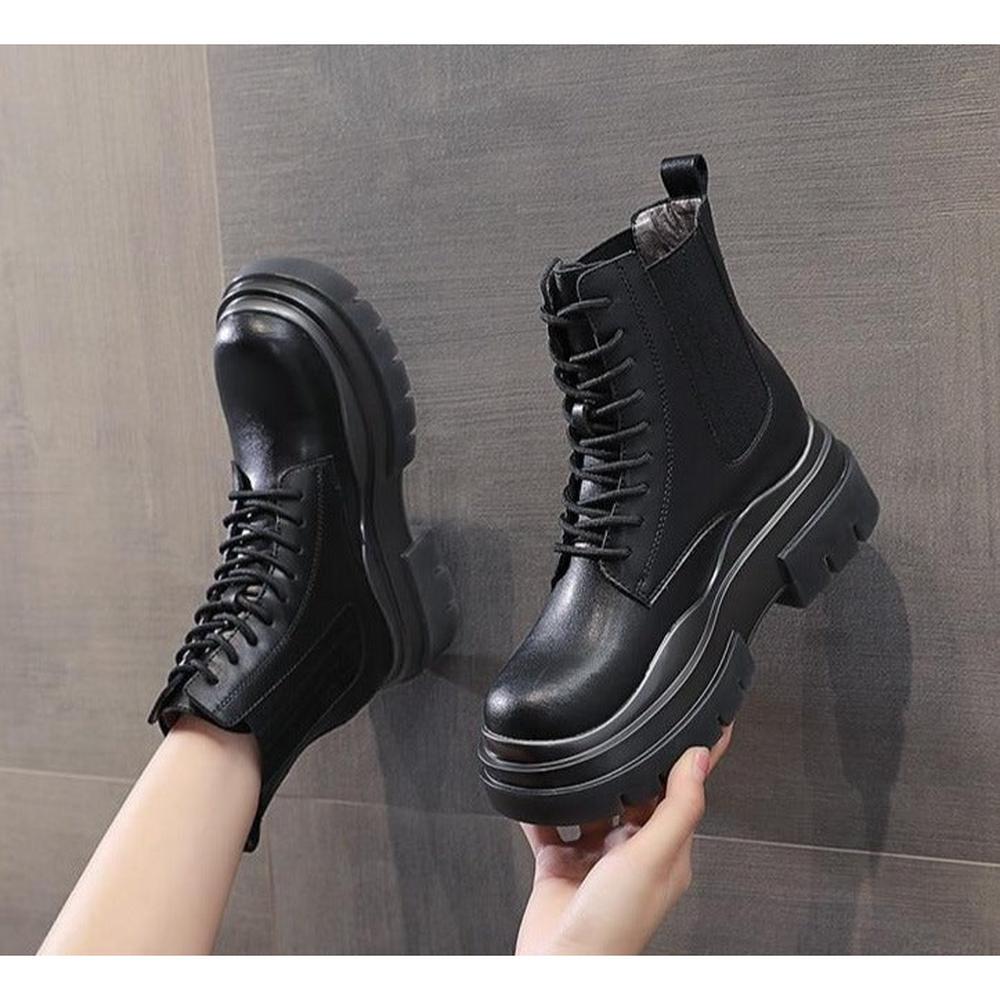 Women Genuine Leather Boots Platform Ankle Lace Up Motorcycle Breathable Boots Shoes