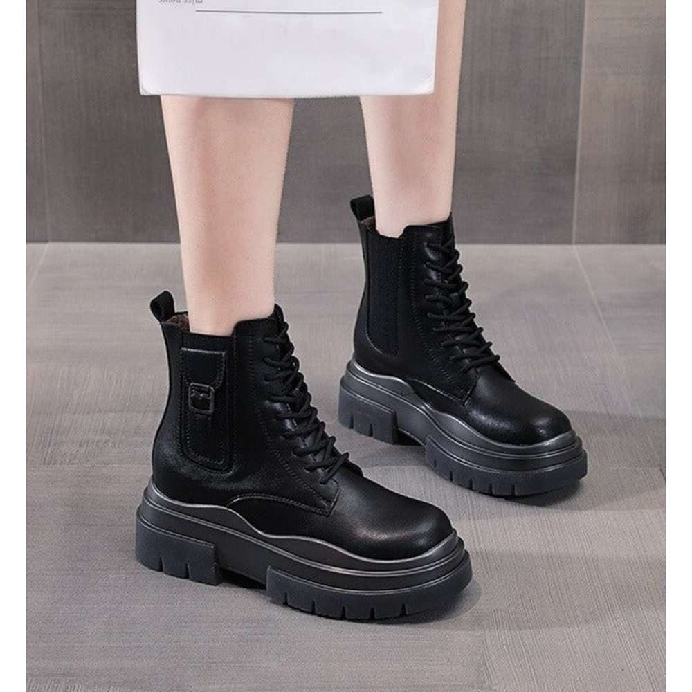 Women Genuine Leather Boots Platform Ankle Lace Up Motorcycle Breathable Boots Shoes
