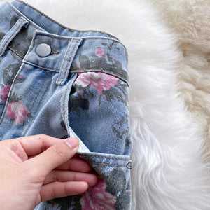 Women Rose Flower Print Blue Jeans Long Denim Trousers