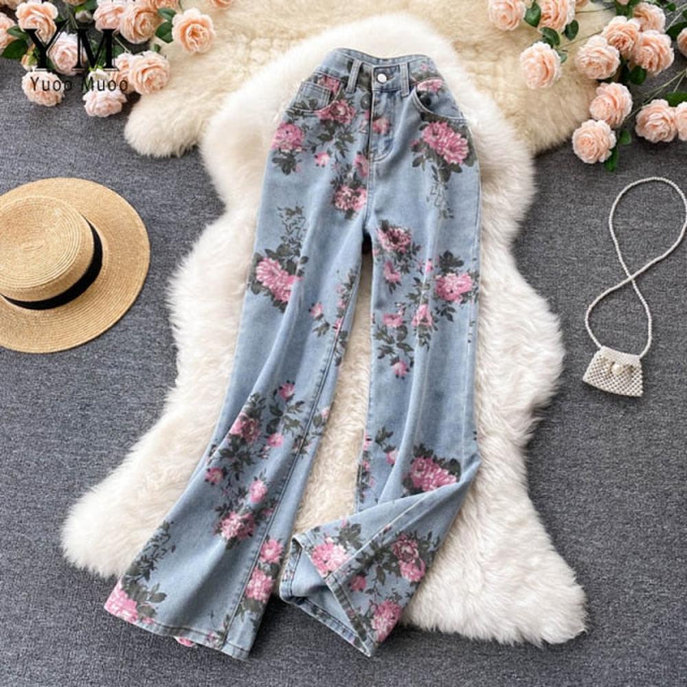 Women Rose Flower Print Blue Jeans Long Denim Trousers