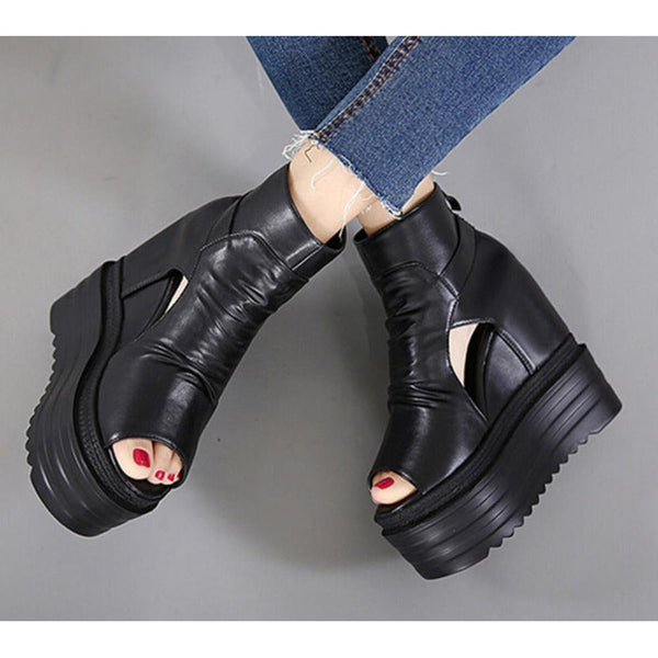 Open toe clearance wedge ankle boots