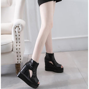 Women Open Toe Ankle Heel Hollow Out Wedge Boots