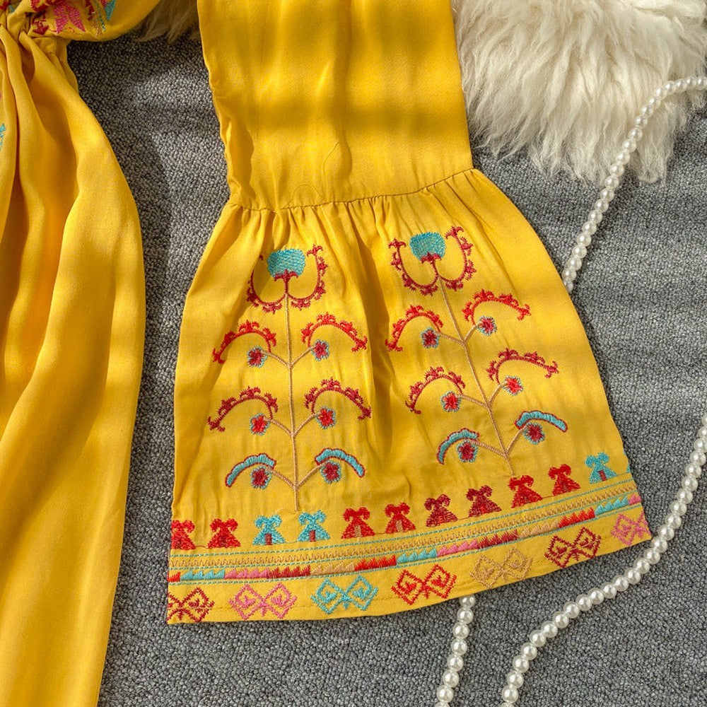 Women Embroidery Drawstring Trumpet Sleeves Ethnic Style Waist Long Dress